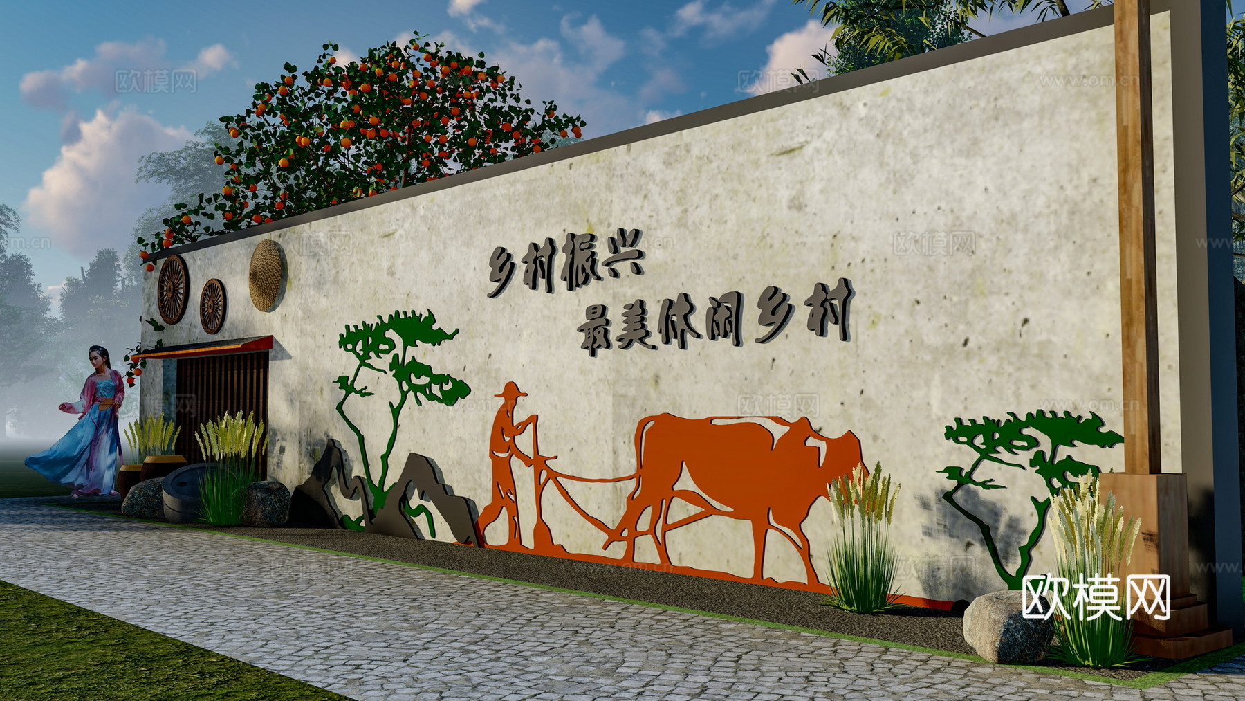 新中式乡村文化景观小品su模型下载