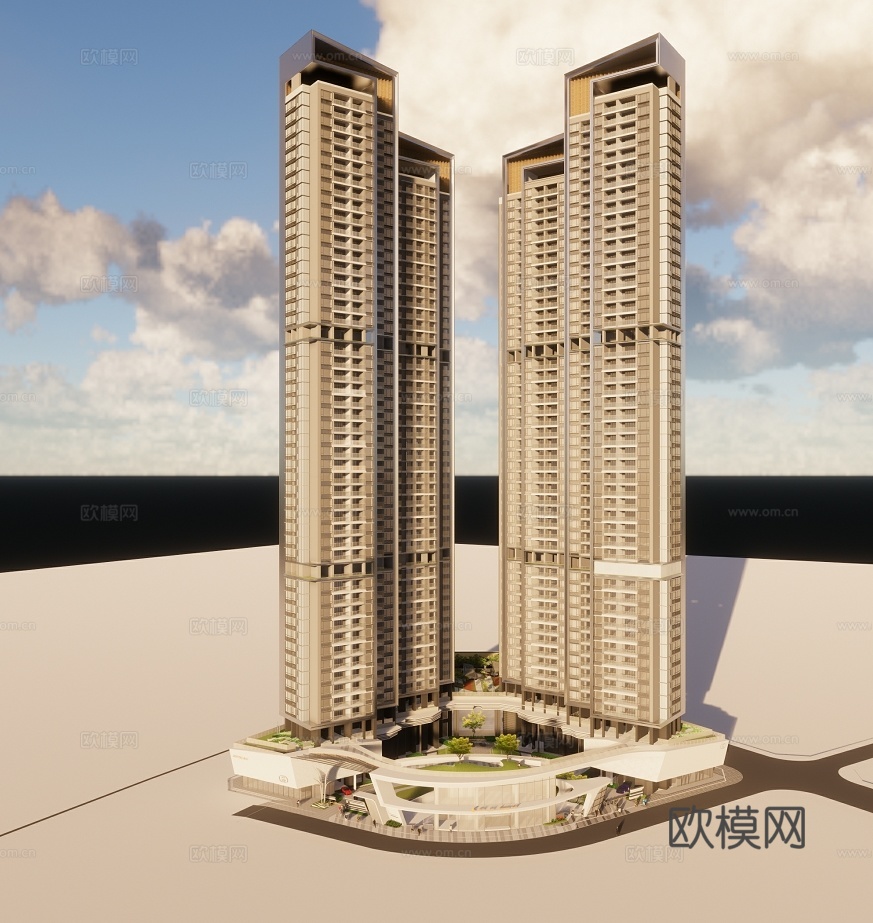 现代高层住宅楼建筑外观su模型下载