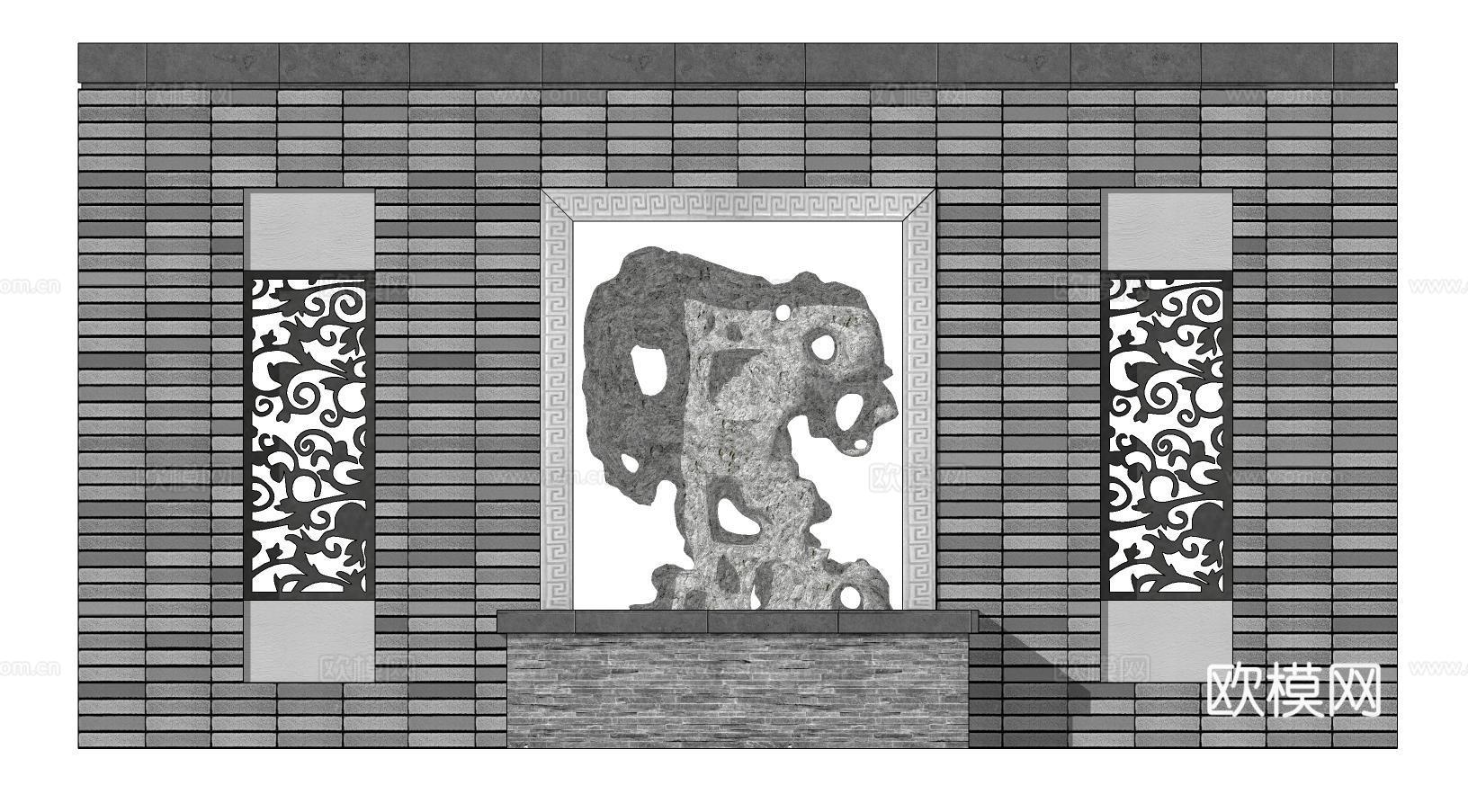 新中式民俗文化景观墙su模型下载