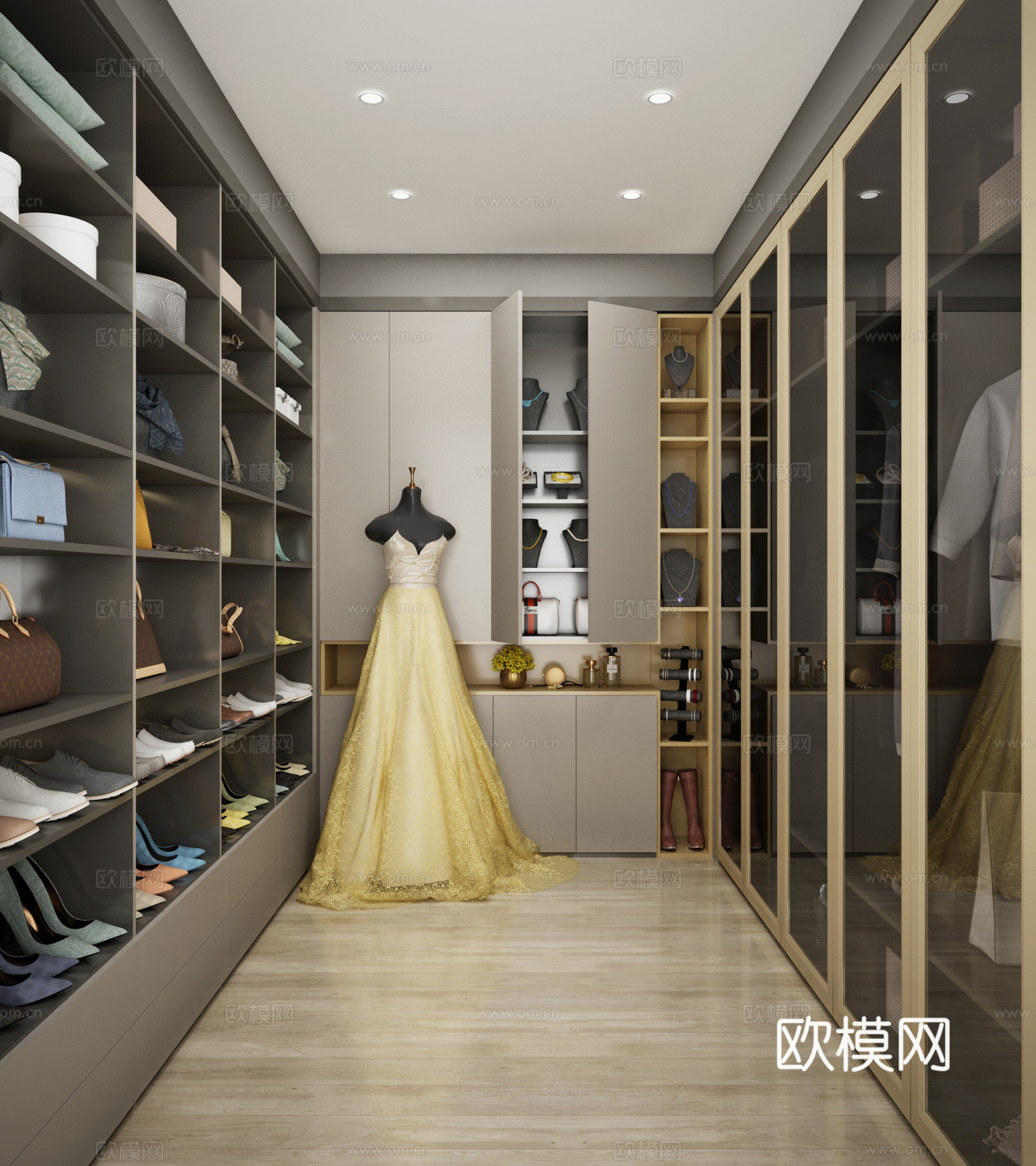 现代轻奢衣帽间 衣柜 婚纱 服装 包包 鞋子 首饰3d模型