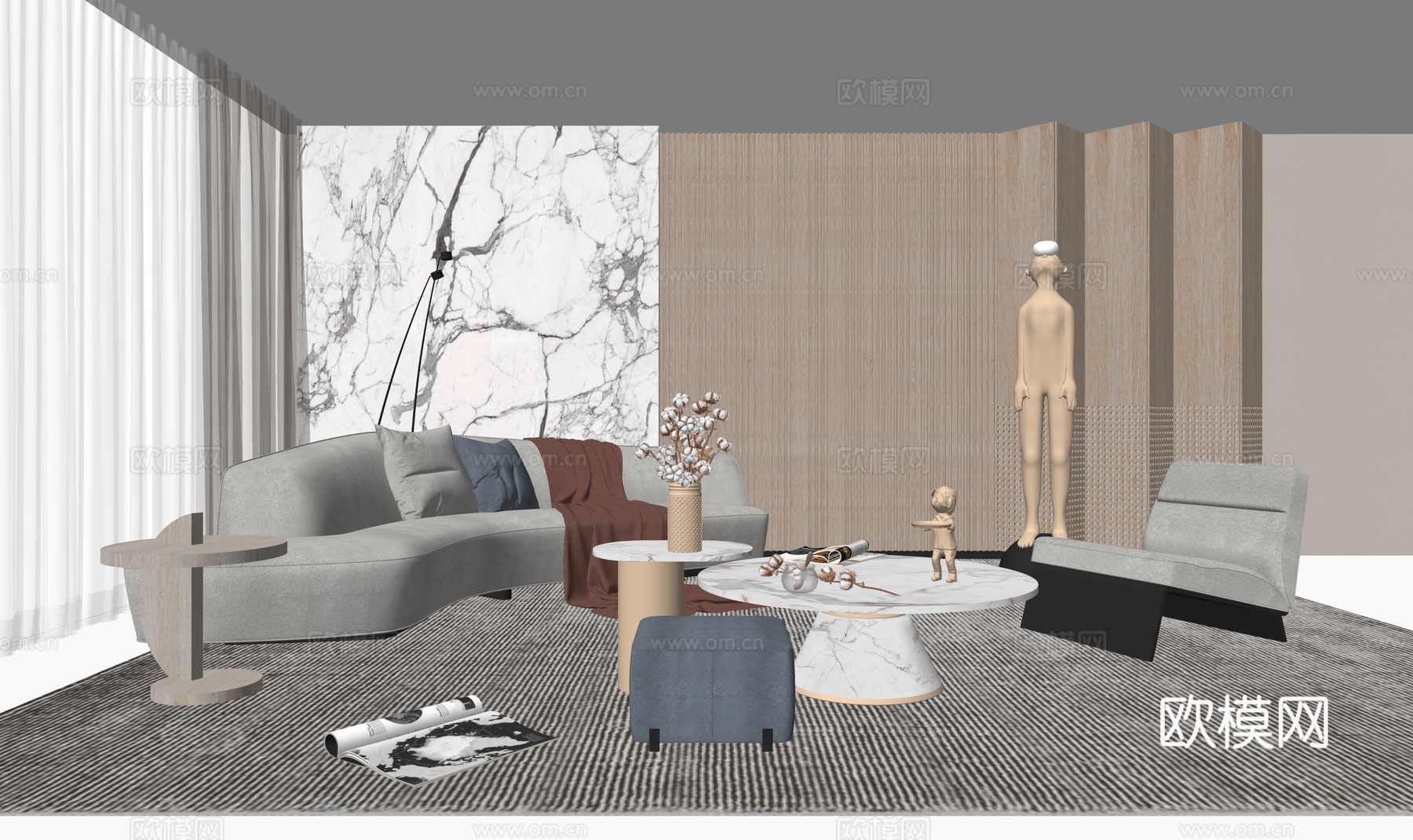 现代布艺沙发组合su模型下载下载