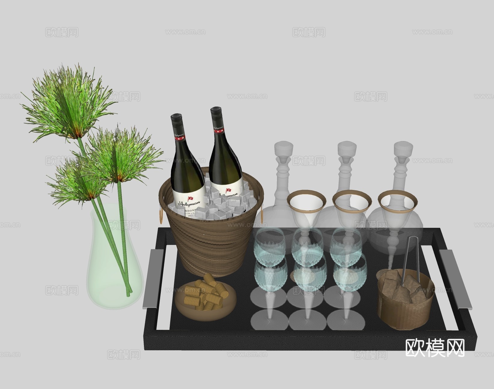 现代酒具酒杯酒瓶香槟su模型下载