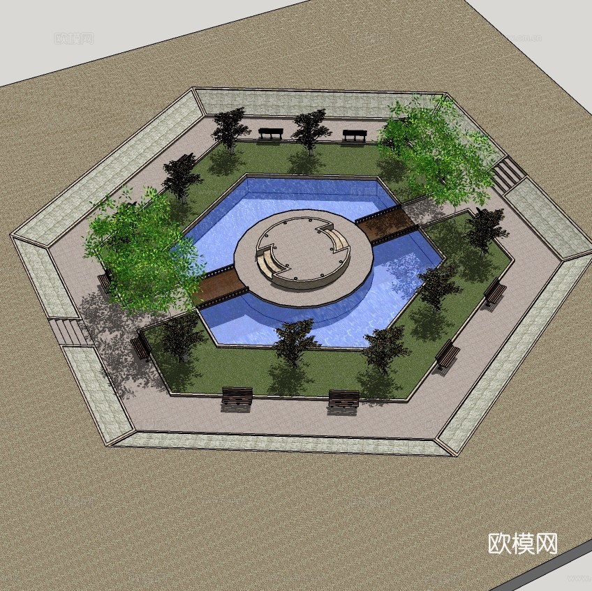 现代公园水景平台su模型下载