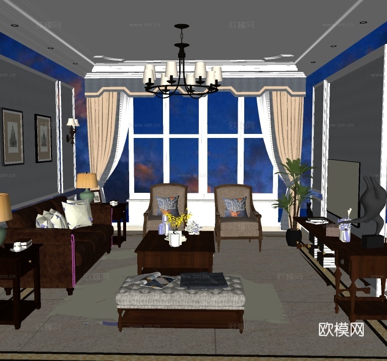 美式客厅su模型下载