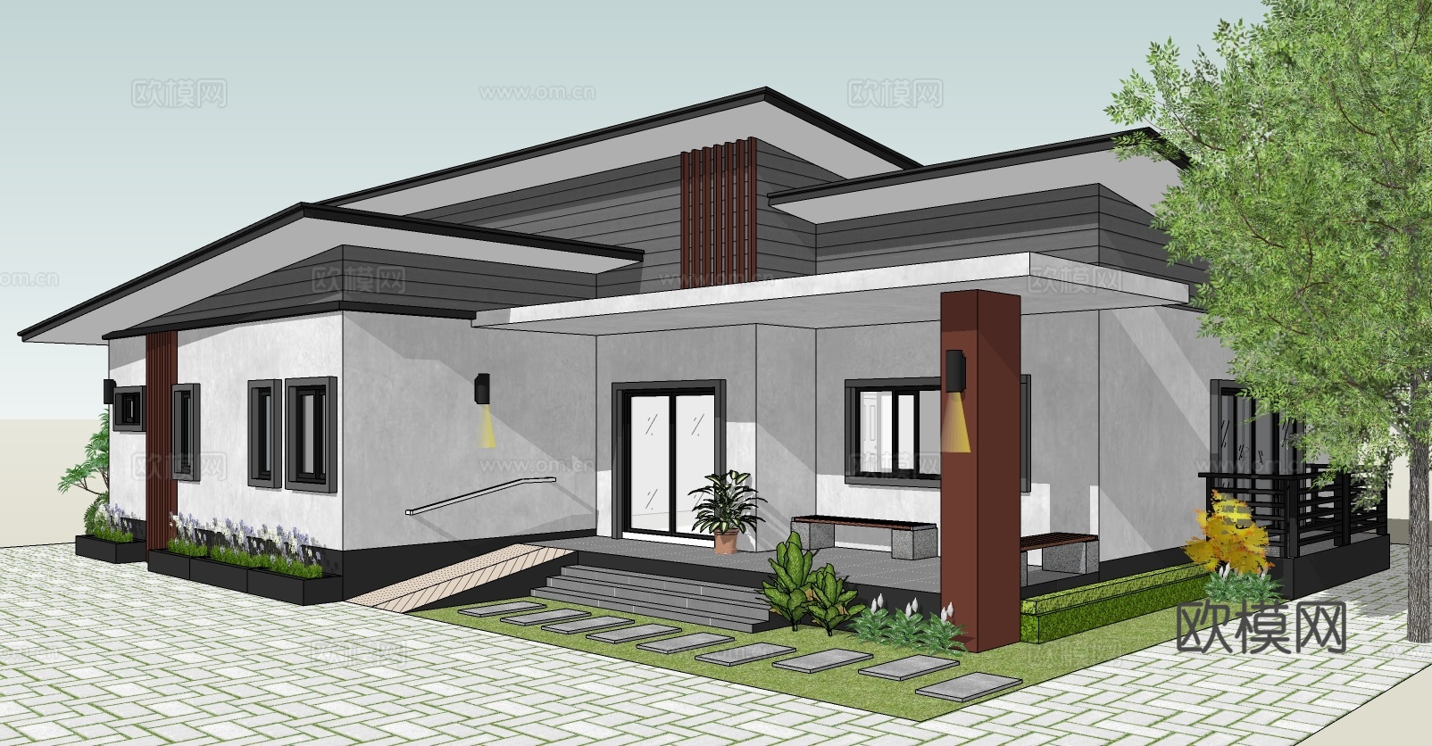现代平层住宅外观su模型下载