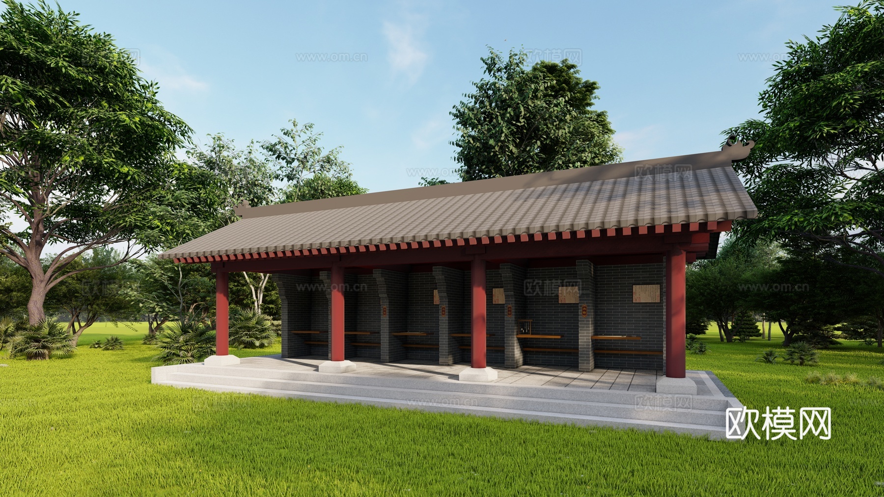 中式古代科考廊架su模型下载