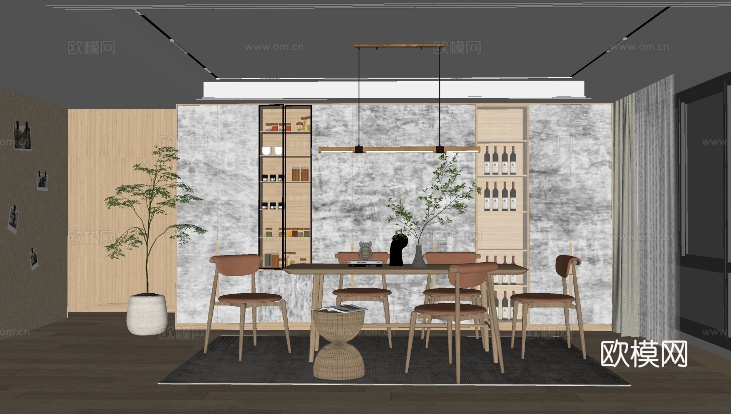 北欧原木餐桌椅su模型下载