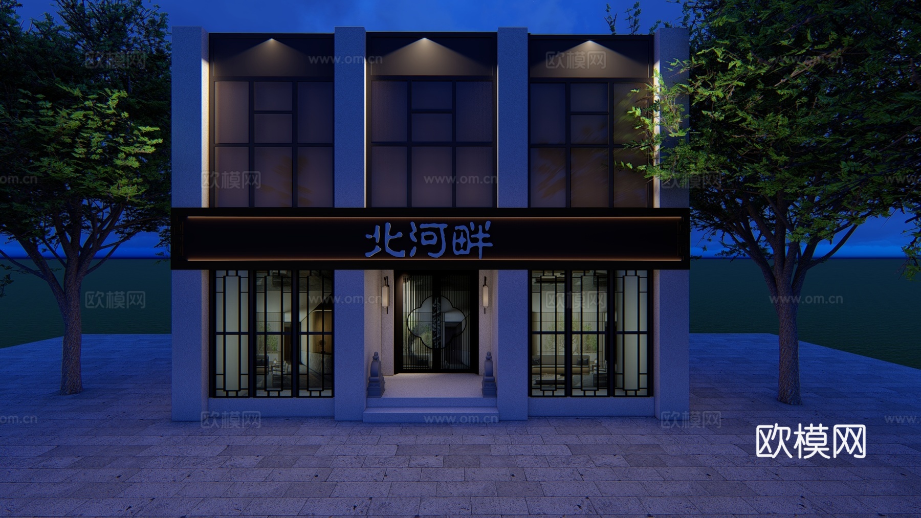 新中式茶餐厅门面门头su模型下载