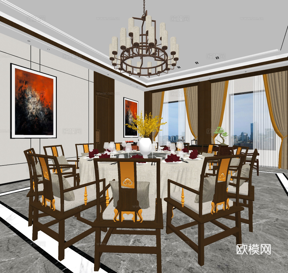 新中式餐厅包房su模型下载