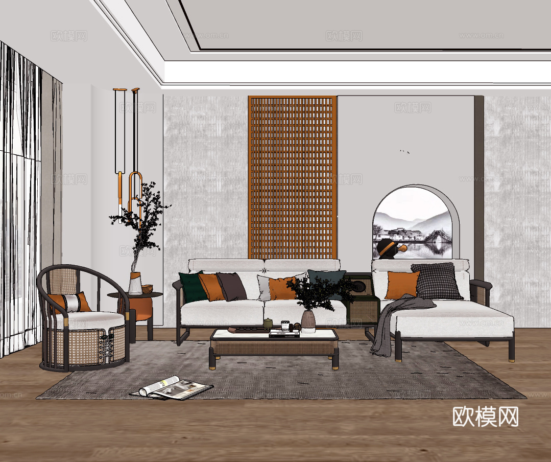 新中式实木沙发组合su模型下载