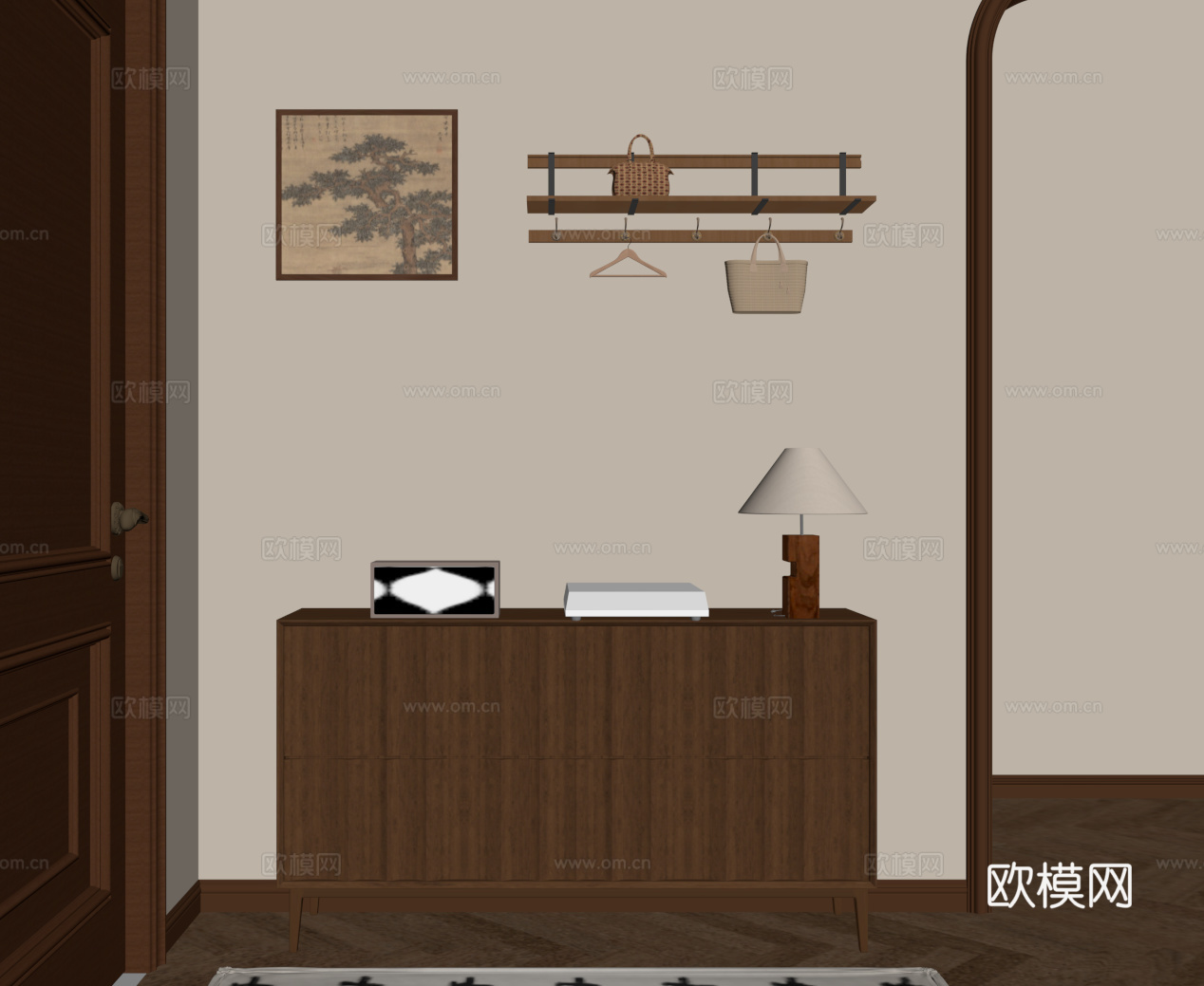 018中古风玄关柜 挂画 挂钩su模型