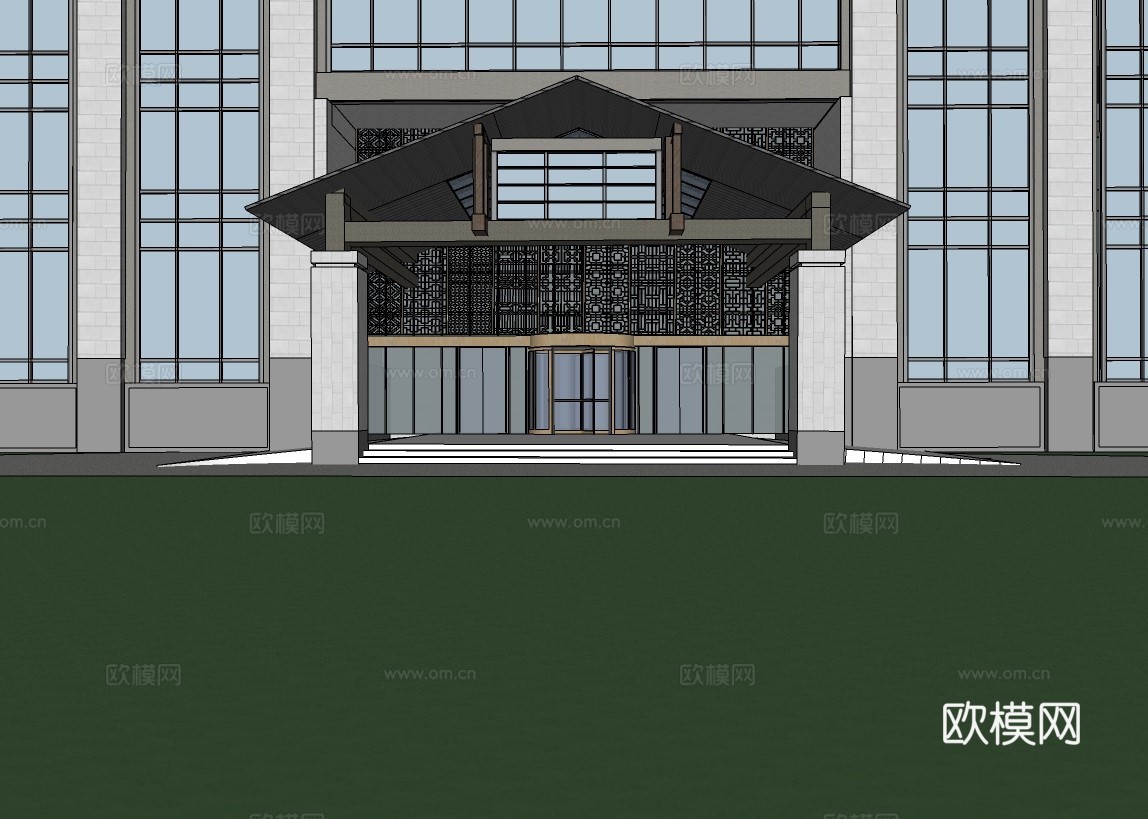 新中式酒店建筑外观su模型下载