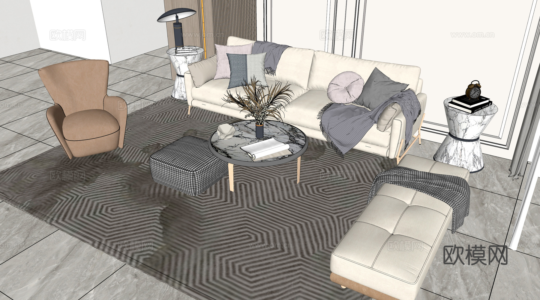 现代布艺沙发组合su模型下载下载（渲染图2）