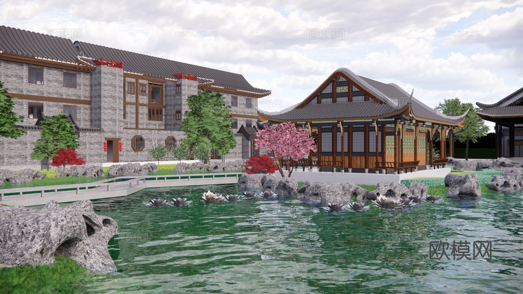 中式古建酒店外观su模型下载