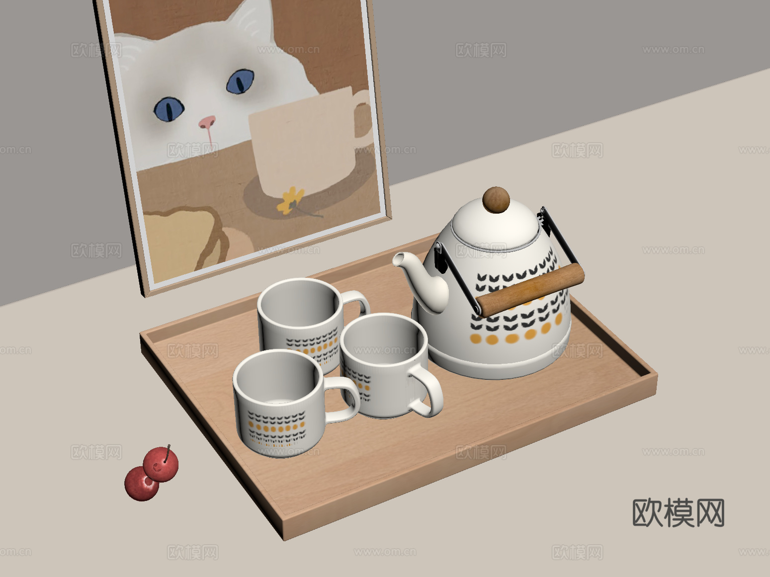 01法式奶油风茶具 茶壶茶杯 装饰画su模型
