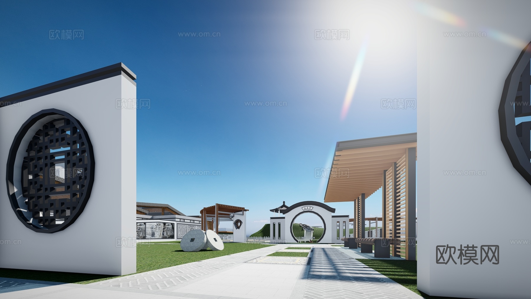 新中式售楼处园林su模型下载下载（渲染图1）