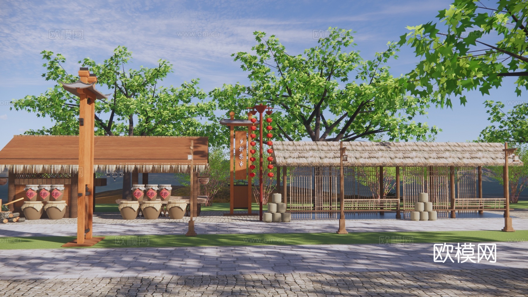 中式古建集市su模型下载