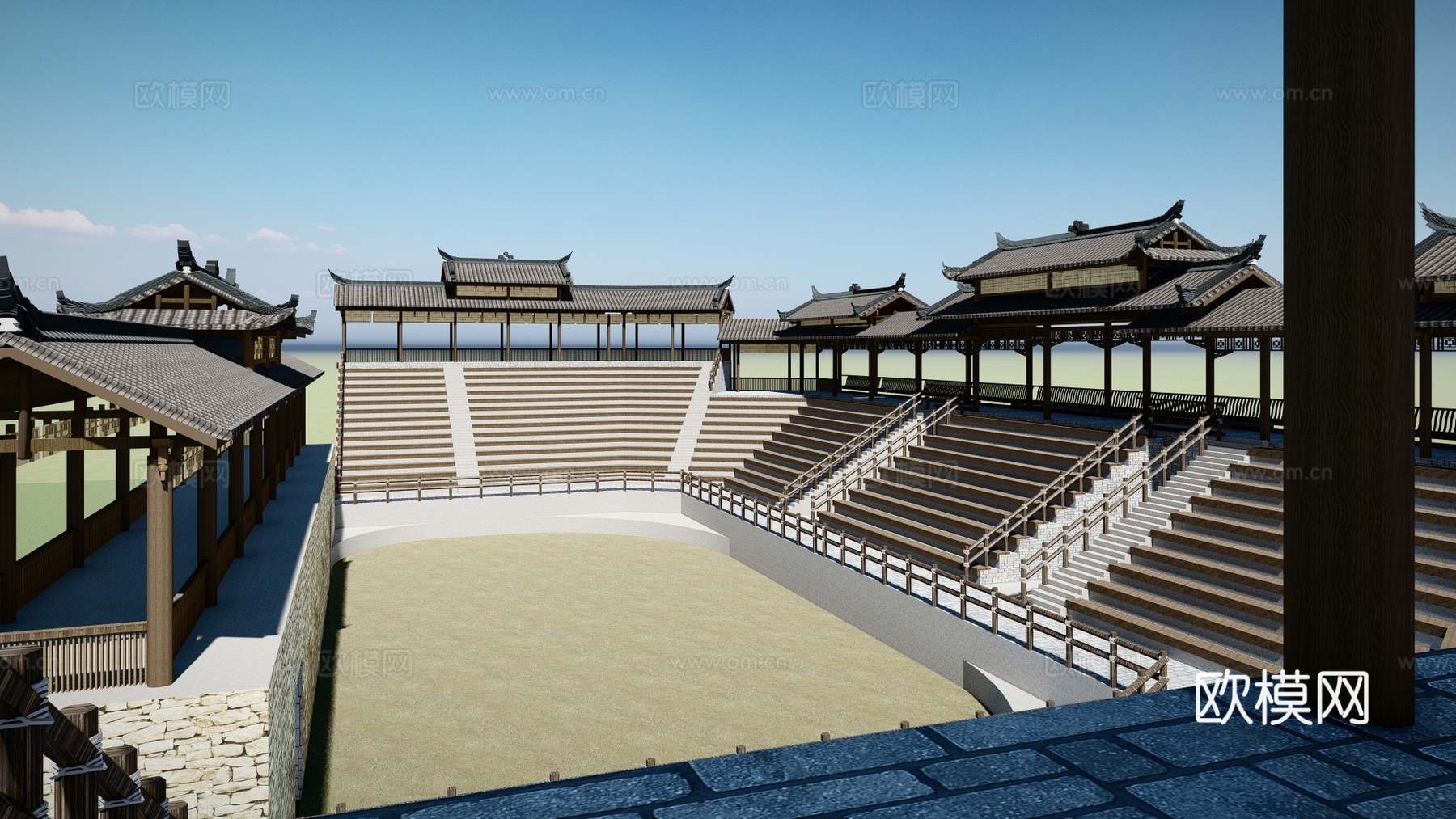 新中式古建角斗场斗牛场su模型下载