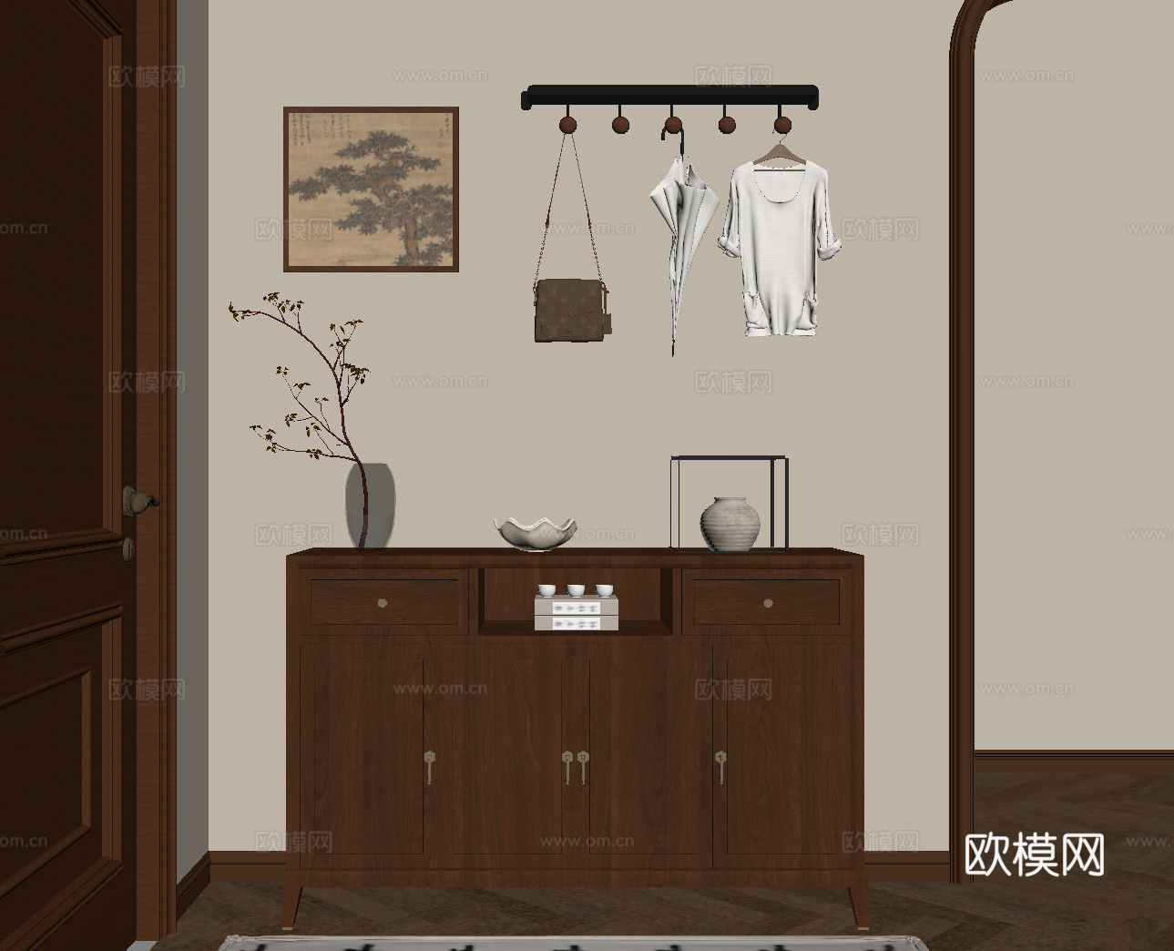 017中古风玄关柜 挂画 挂钩su模型