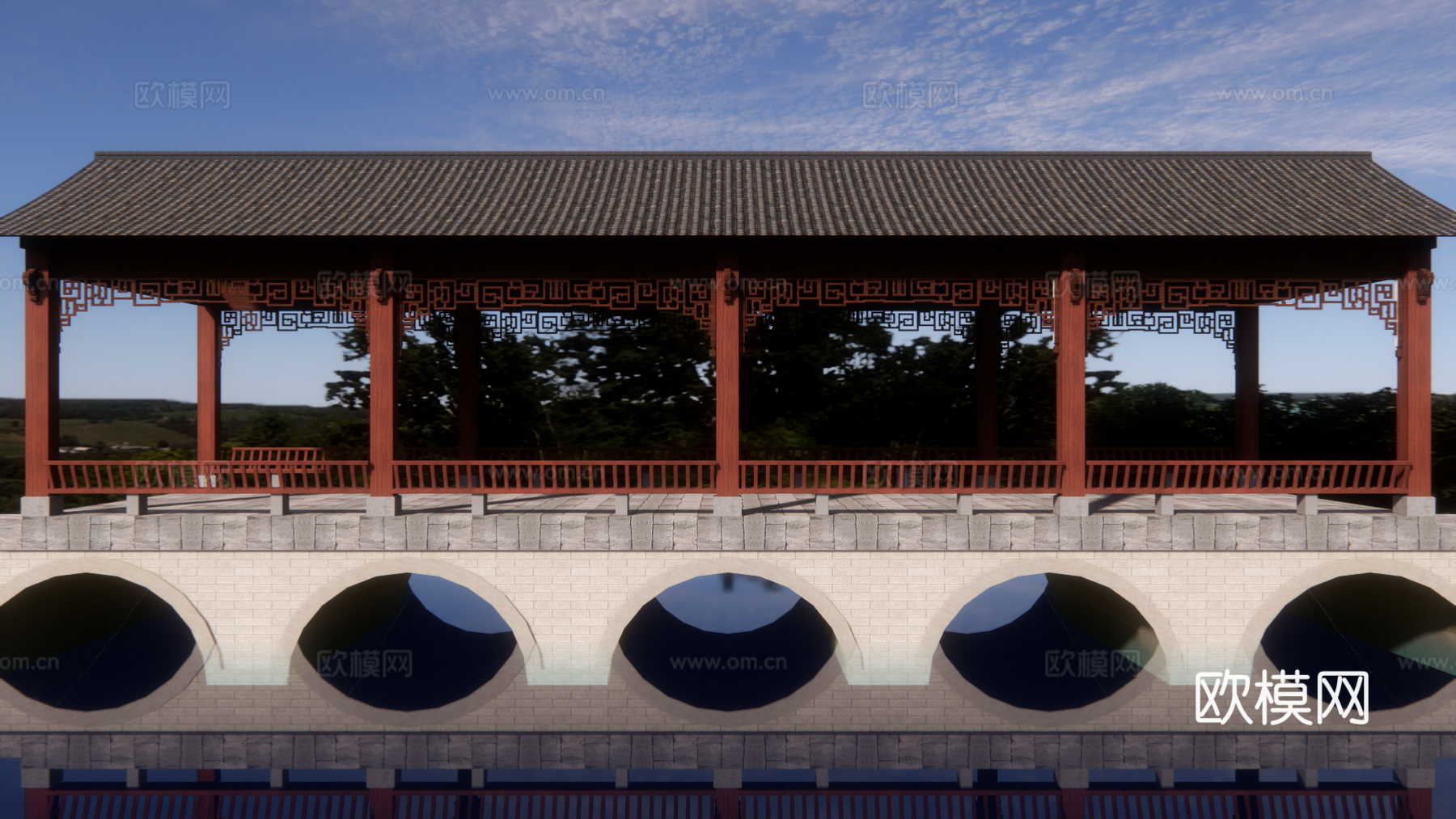 中式廊架景观桥su模型下载