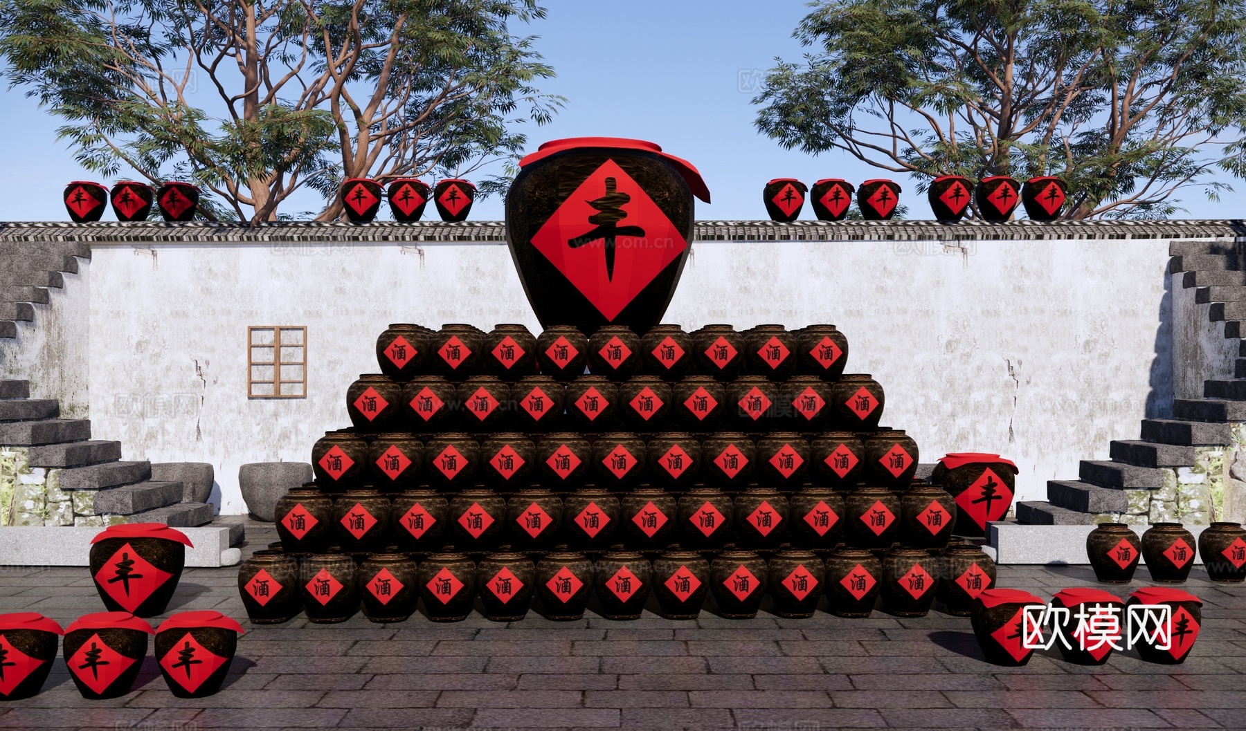新中式乡村庭院 酒文化乡村庭园 酒缸酒坛造景 中式酒坊庭院su模型