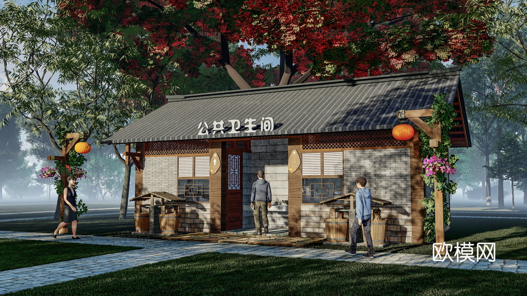 新中式公厕建筑外观su模型下载