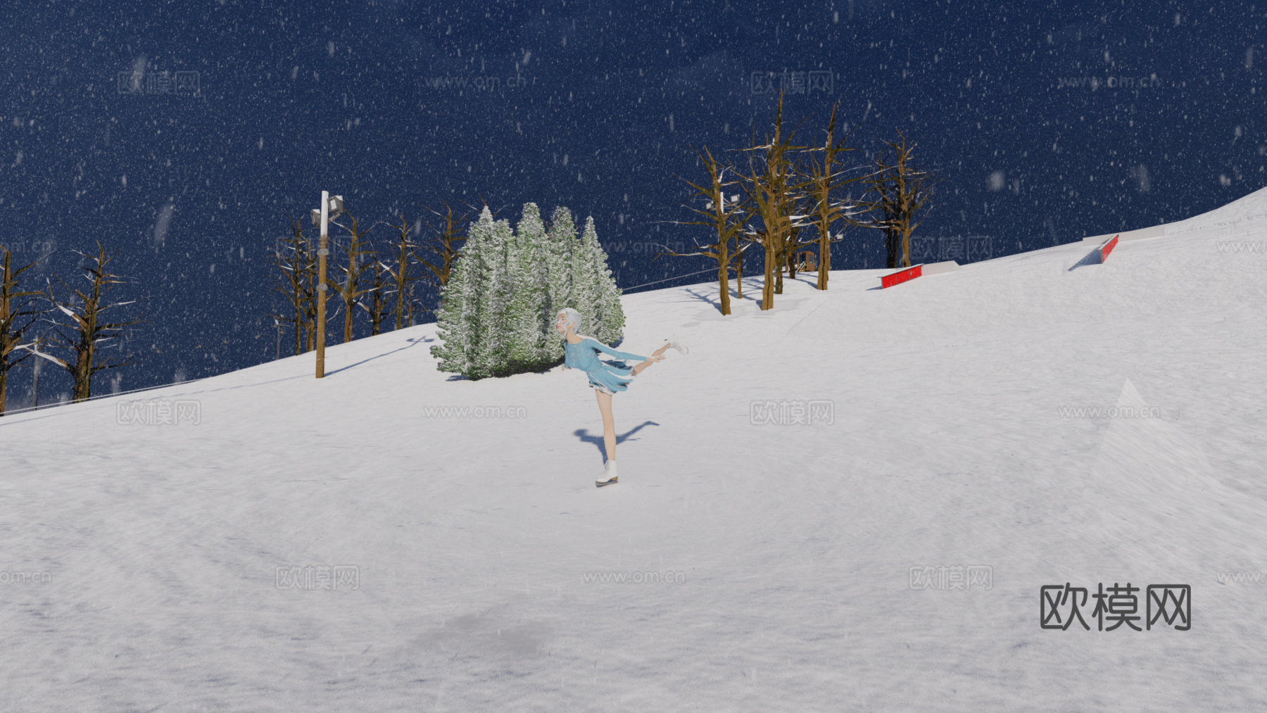 现代滑雪场雪山景观su模型下载
