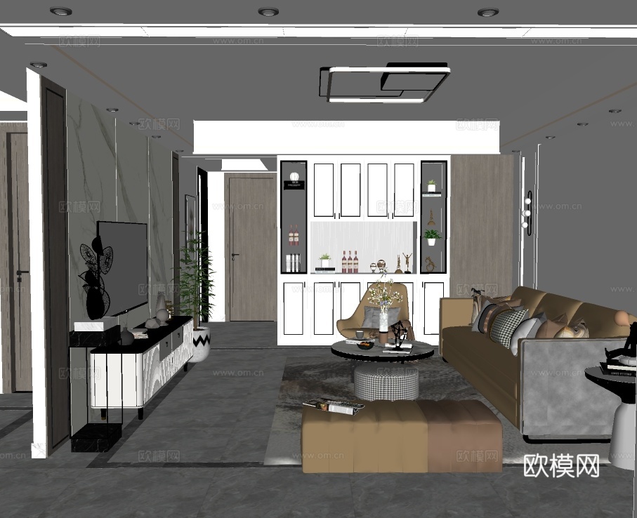 现代客厅su模型下载