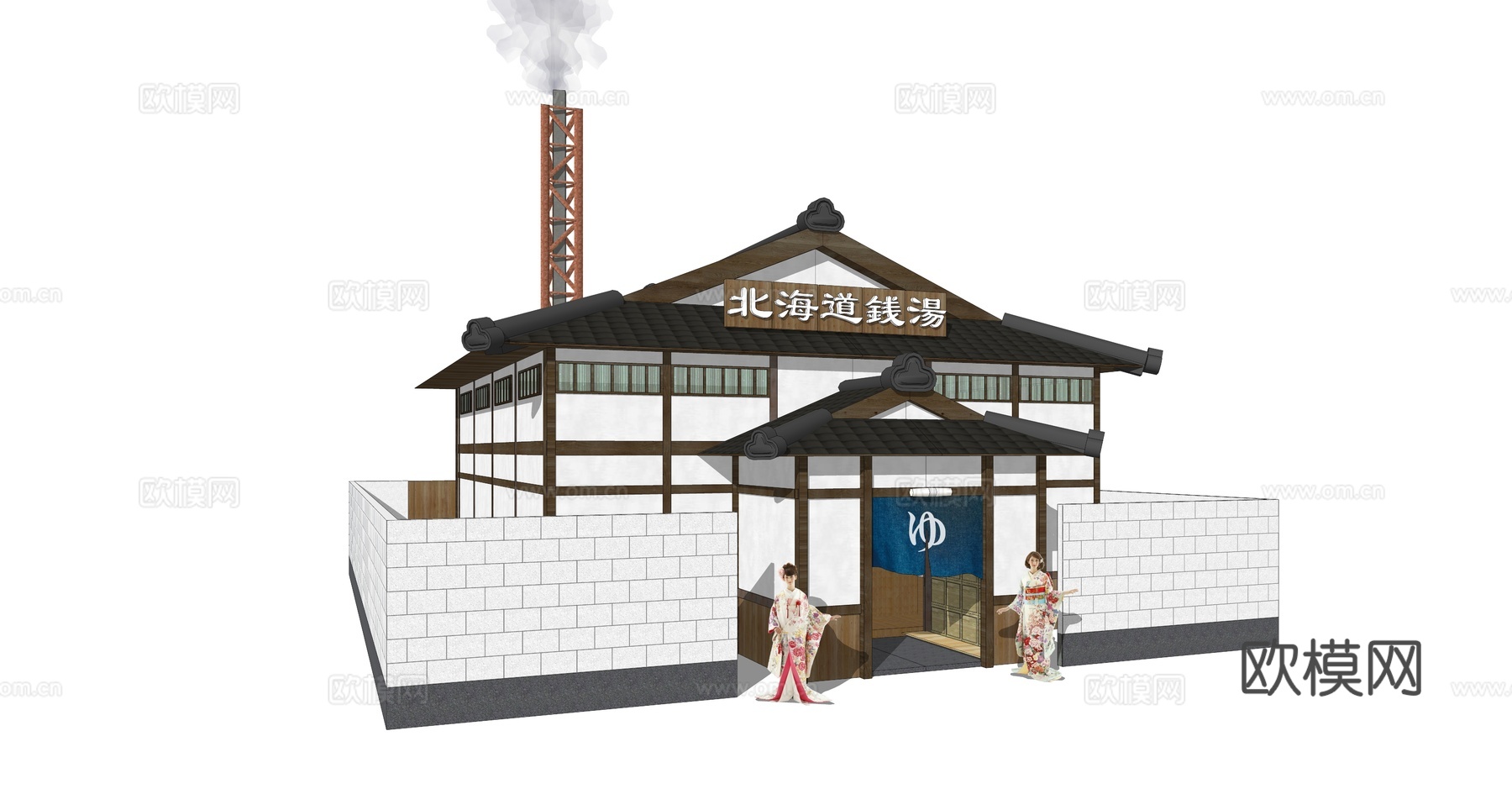 日式澡堂建筑外观su模型下载
