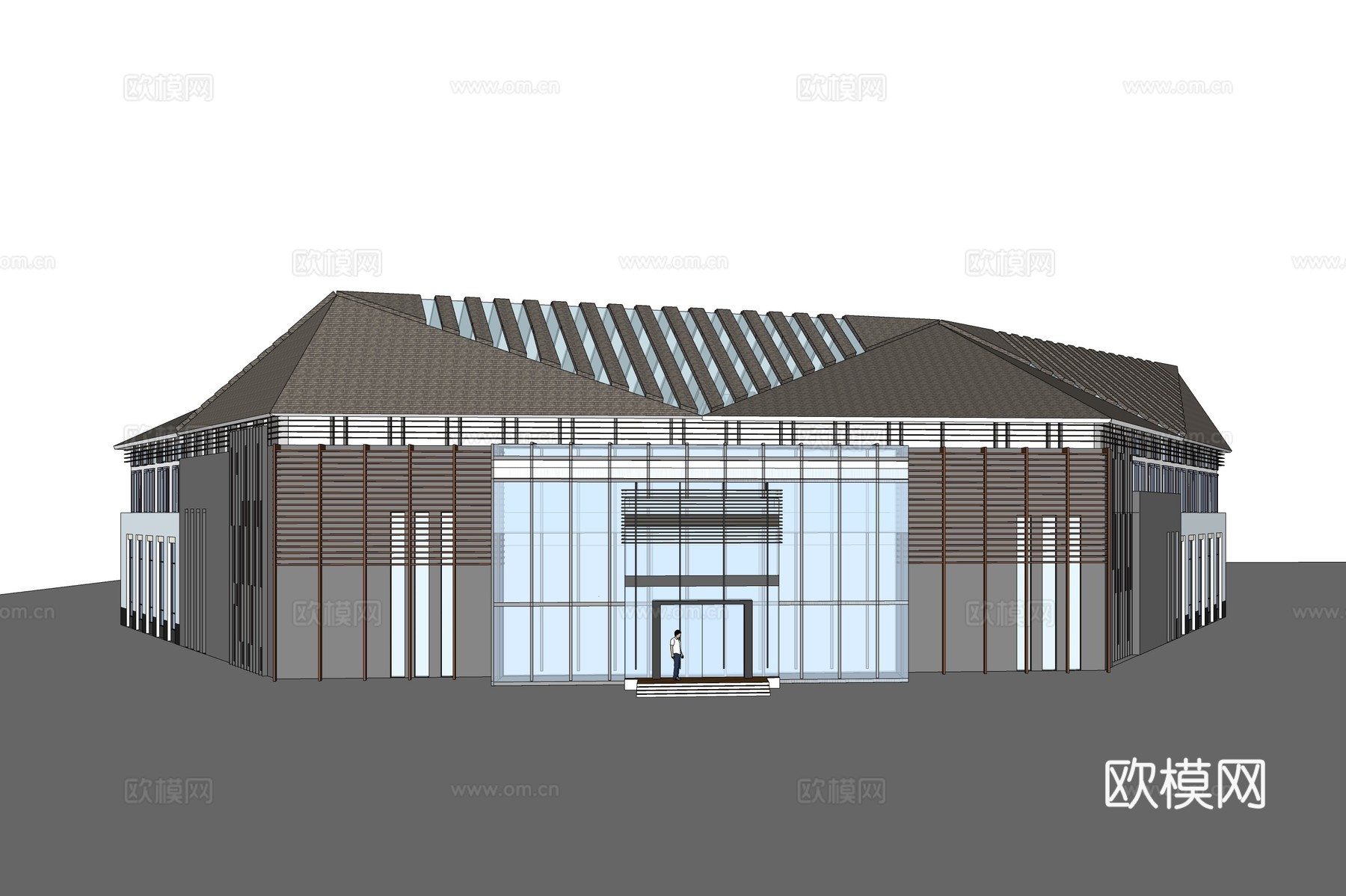 新中式会所建筑外观su模型下载