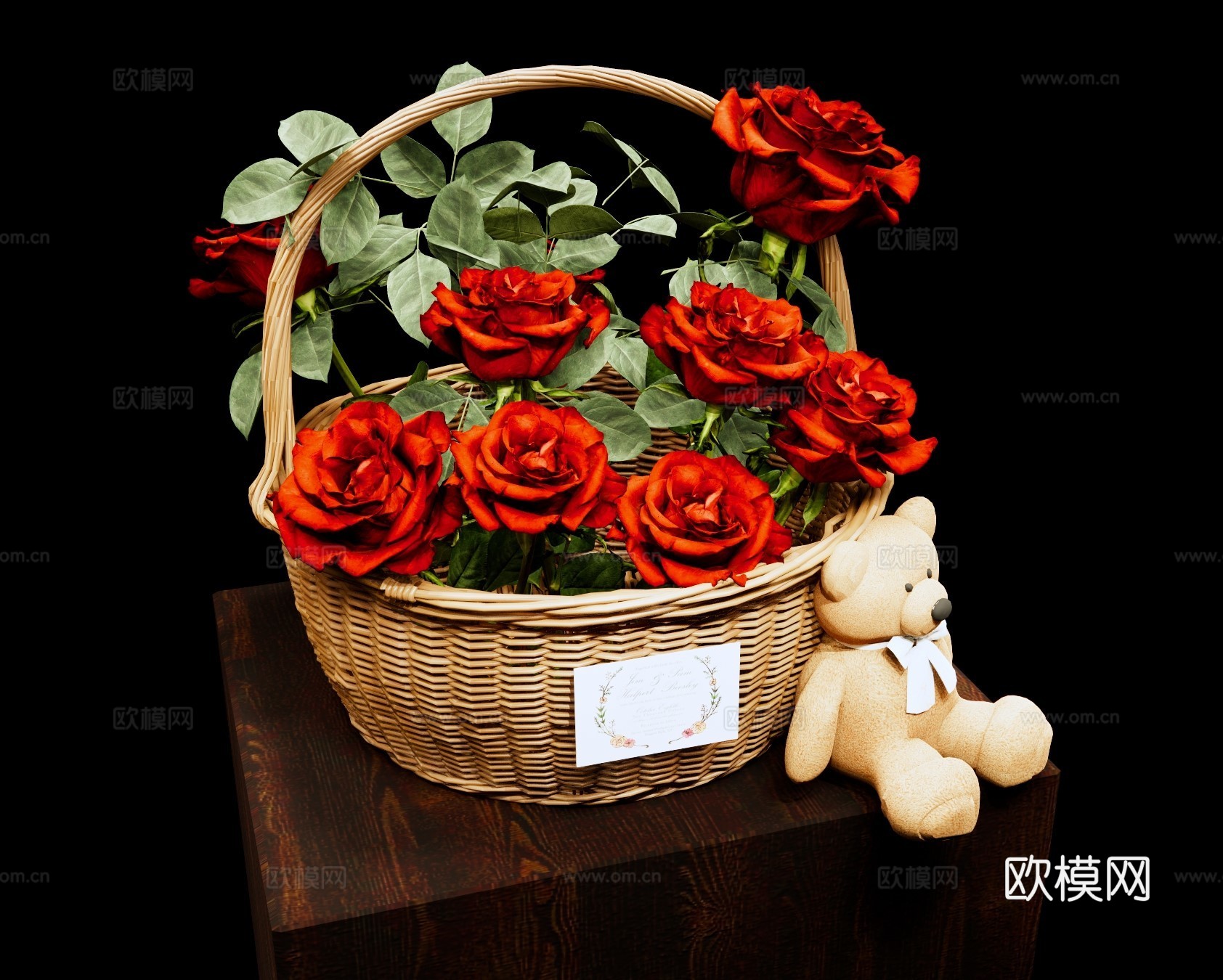 现代美陈 玫瑰花篮美陈 红玫瑰花篮 情人节玫瑰 花艺花篮美陈su模型
