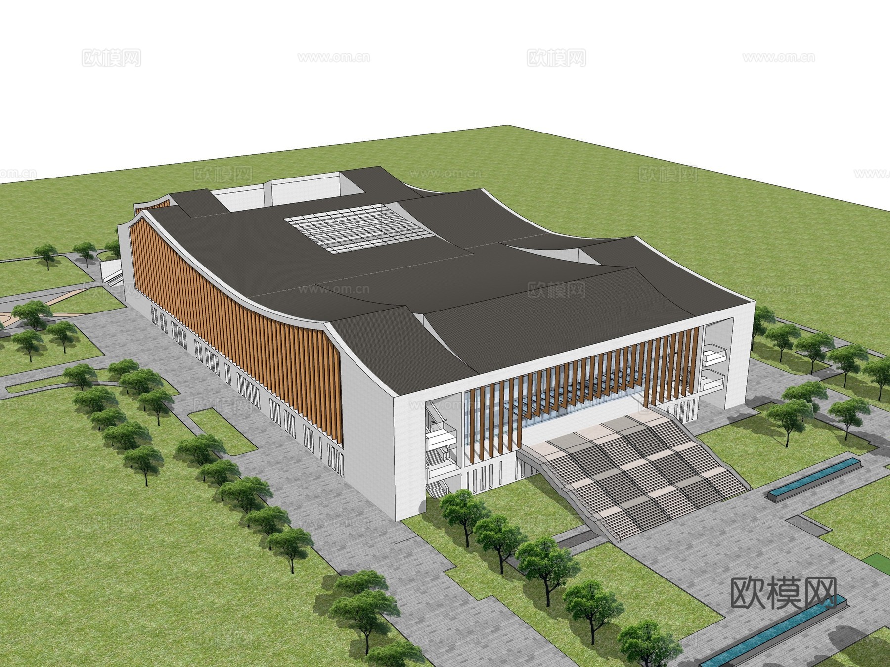 新中式文化馆建筑外观su模型下载