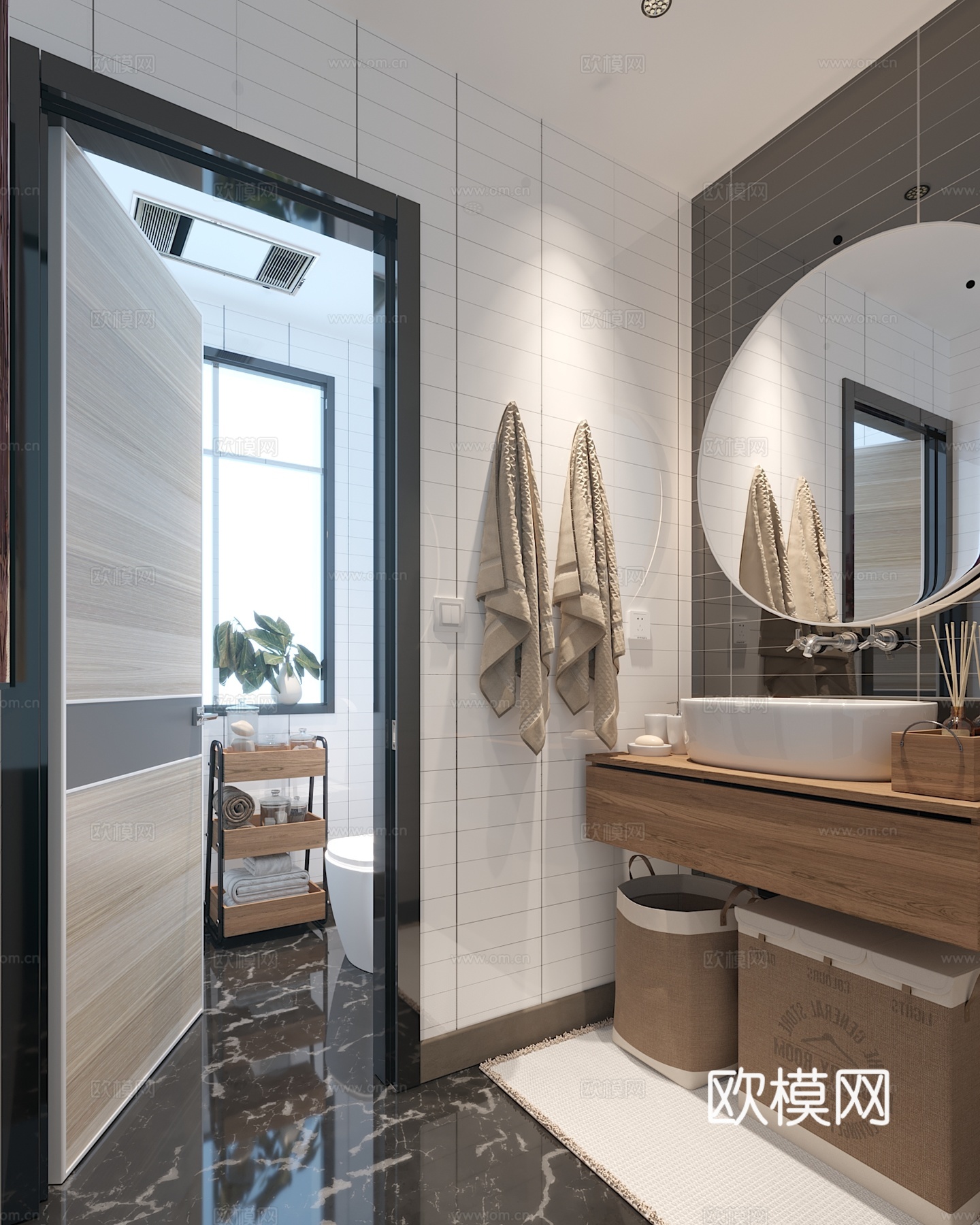 现代卫生间马桶地毯洗手台毛巾墙砖镜子3d模型