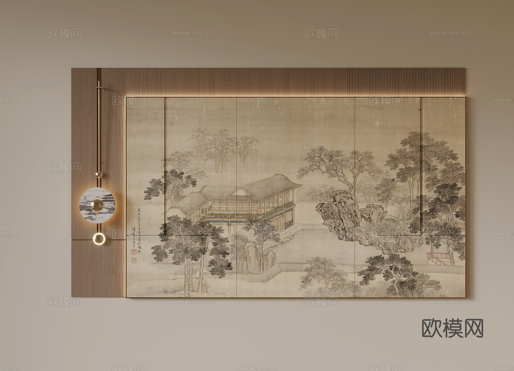 012新中式背景墙su模型