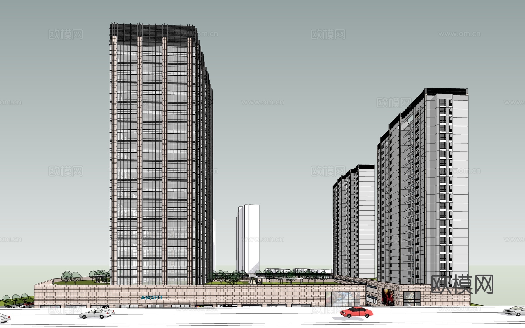 现代商业综合楼外观su模型下载下载（渲染图1）