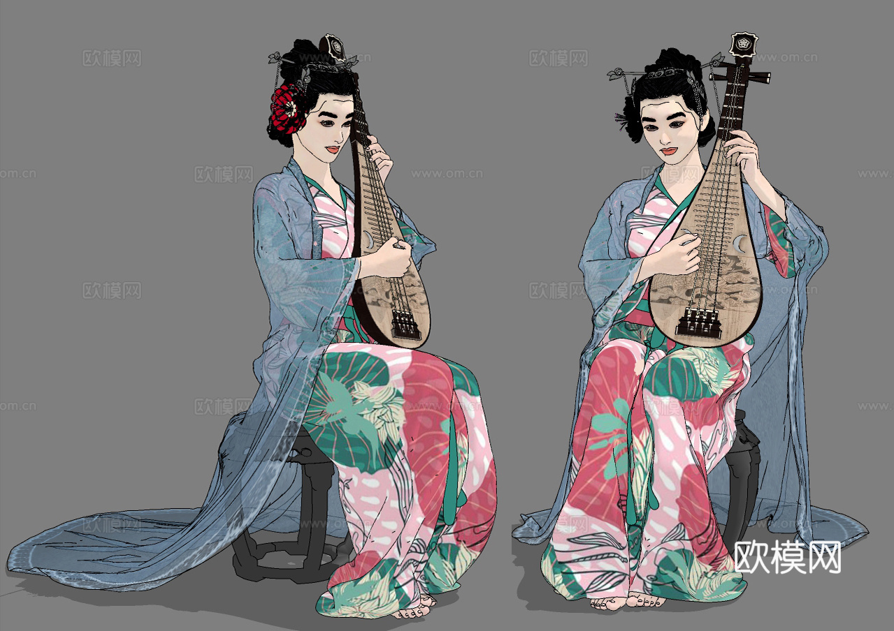中式琵琶古装美女人物su模型下载