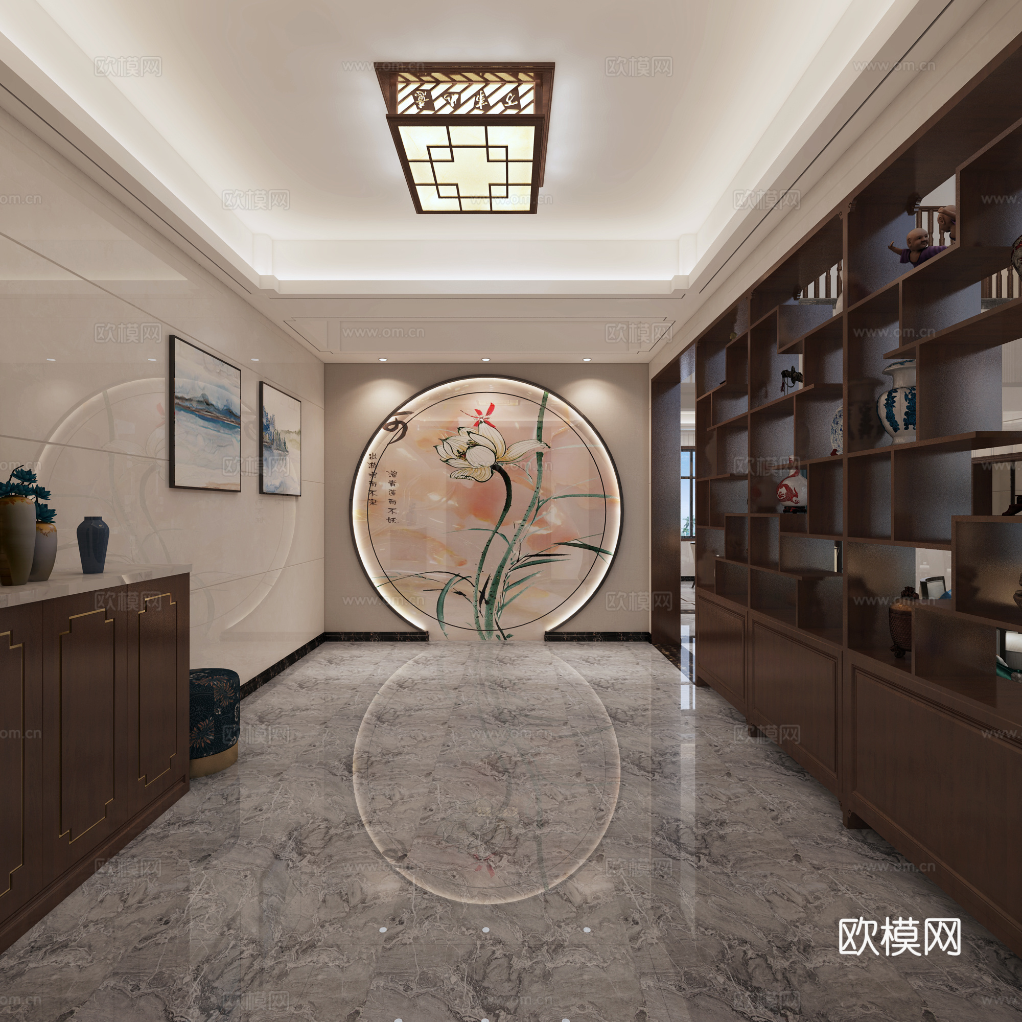 新中式挑空客厅门厅3d模型