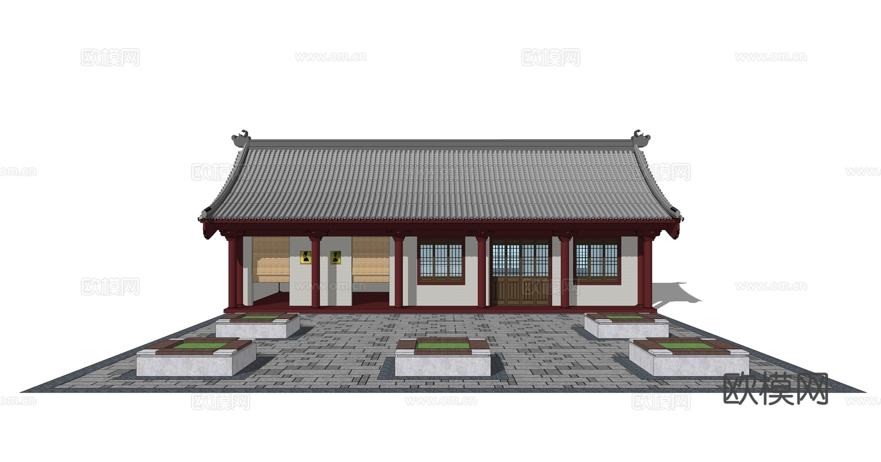 中式公共厕所建筑外观su模型下载