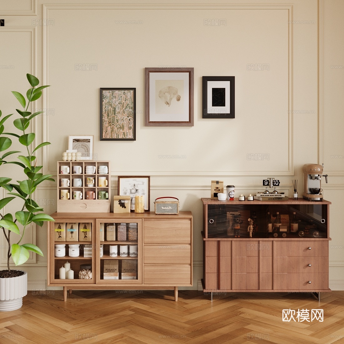 中古复古斗柜 复古风玄关柜 中古风餐边柜 装饰柜摆件组合3d模型