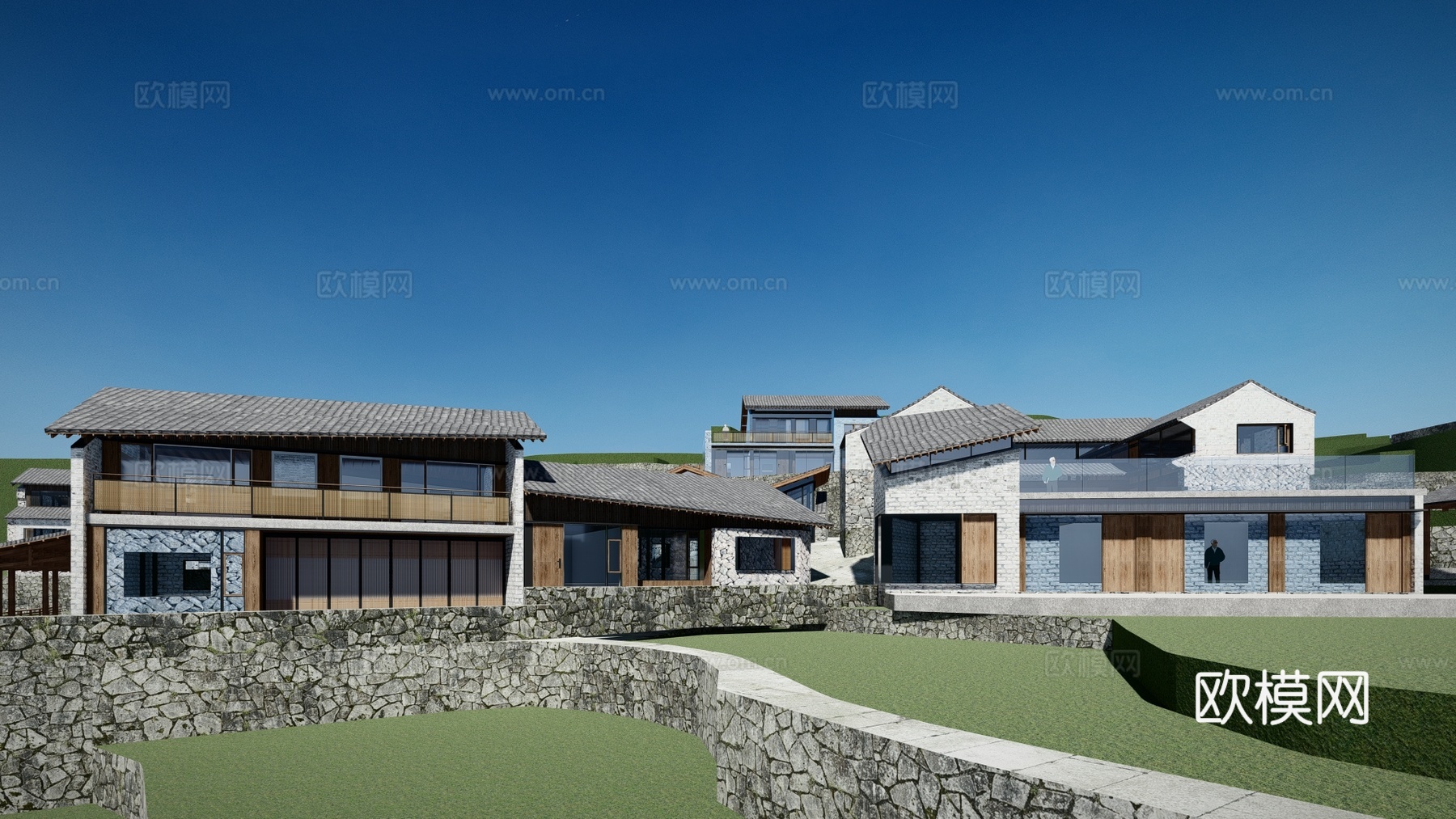 新中式民宿建筑外观su模型下载