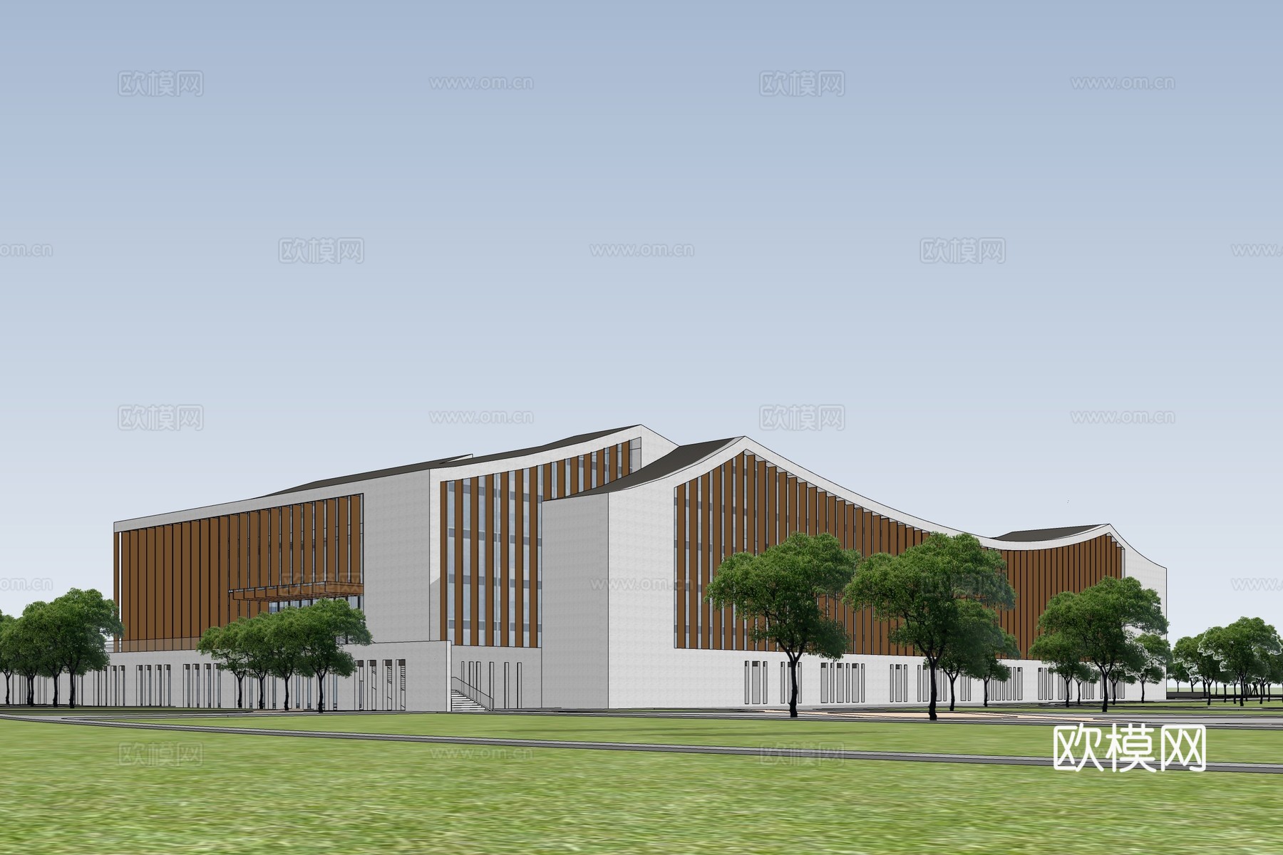 新中式文化馆建筑外观su模型下载