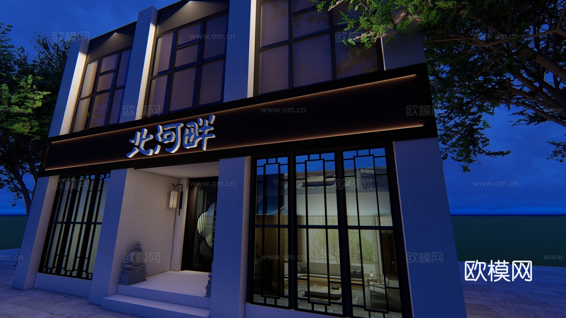 新中式茶餐厅门面门头su模型下载