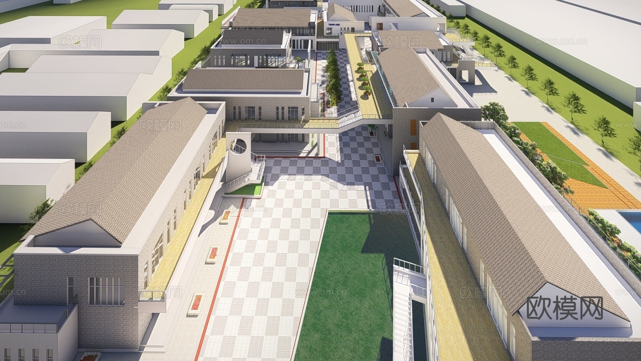 新中式工业园区建筑外观su模型下载