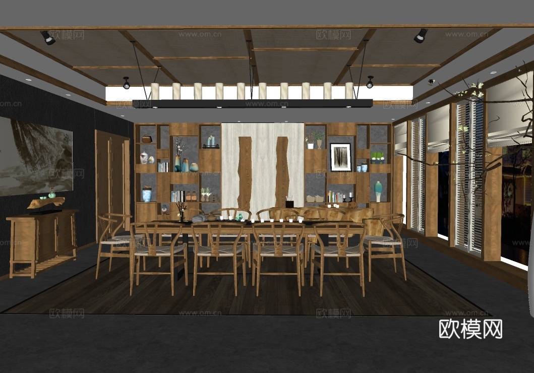 新中式茶室su模型下载下载（渲染图2）