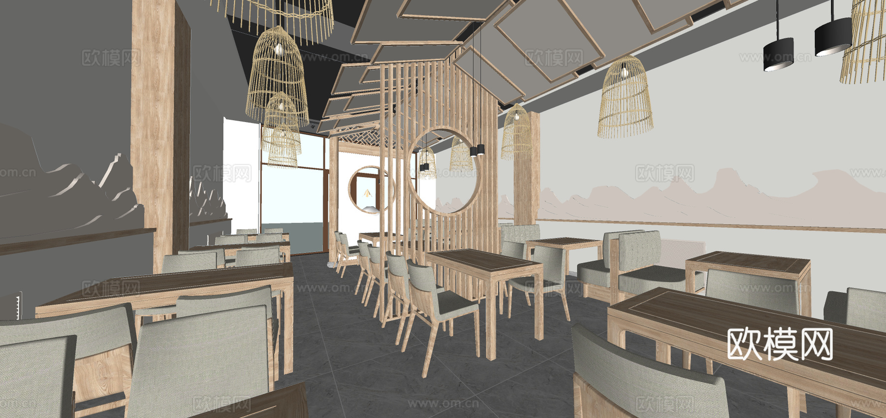 新中式中餐厅su模型下载