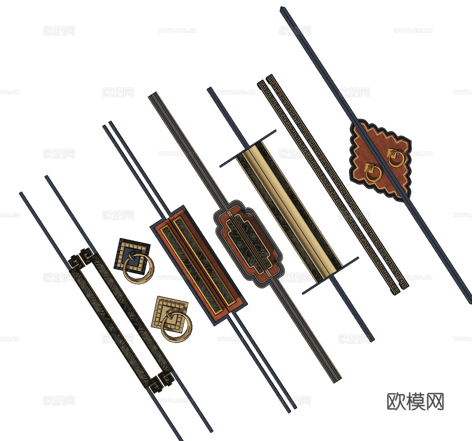 新中式门把手门拉手su模型下载