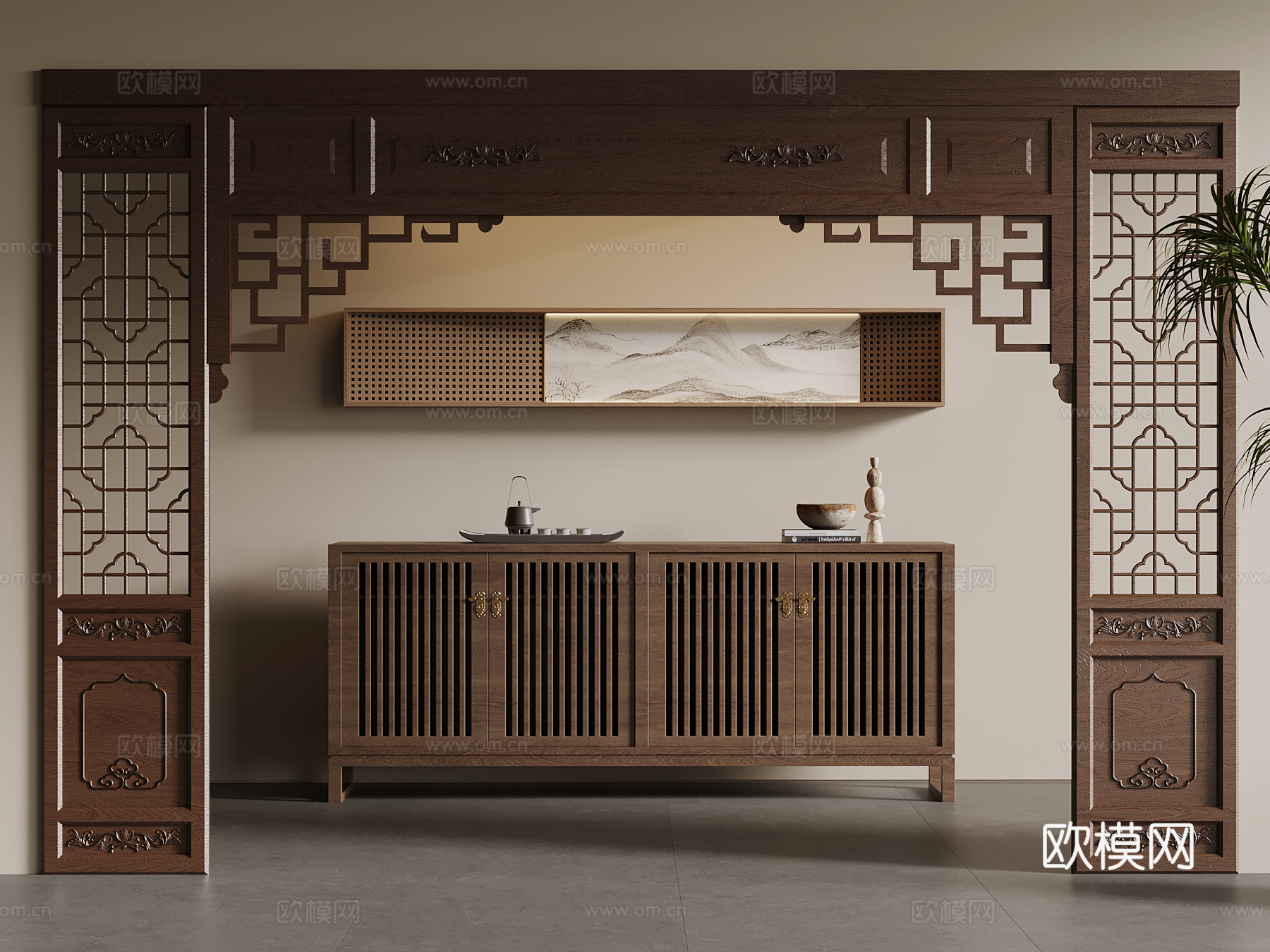 16新中式茶柜 门套 挂画3d模型