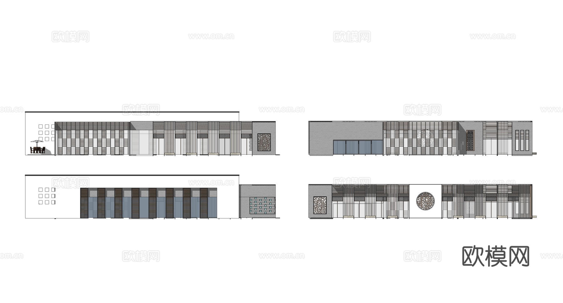 新中式酒店建筑外观su模型下载