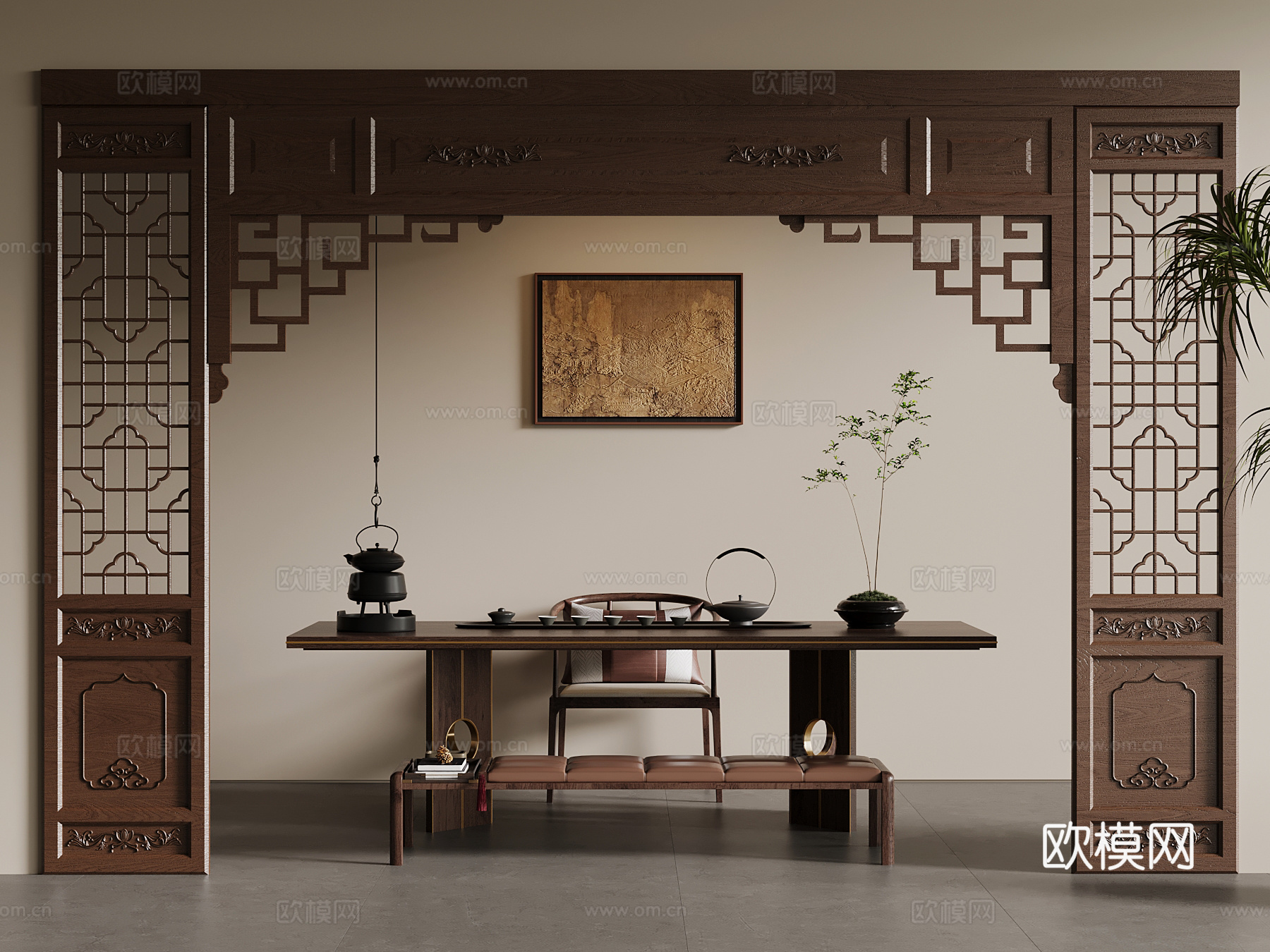 15新中式茶桌椅 门套 挂画3d模型
