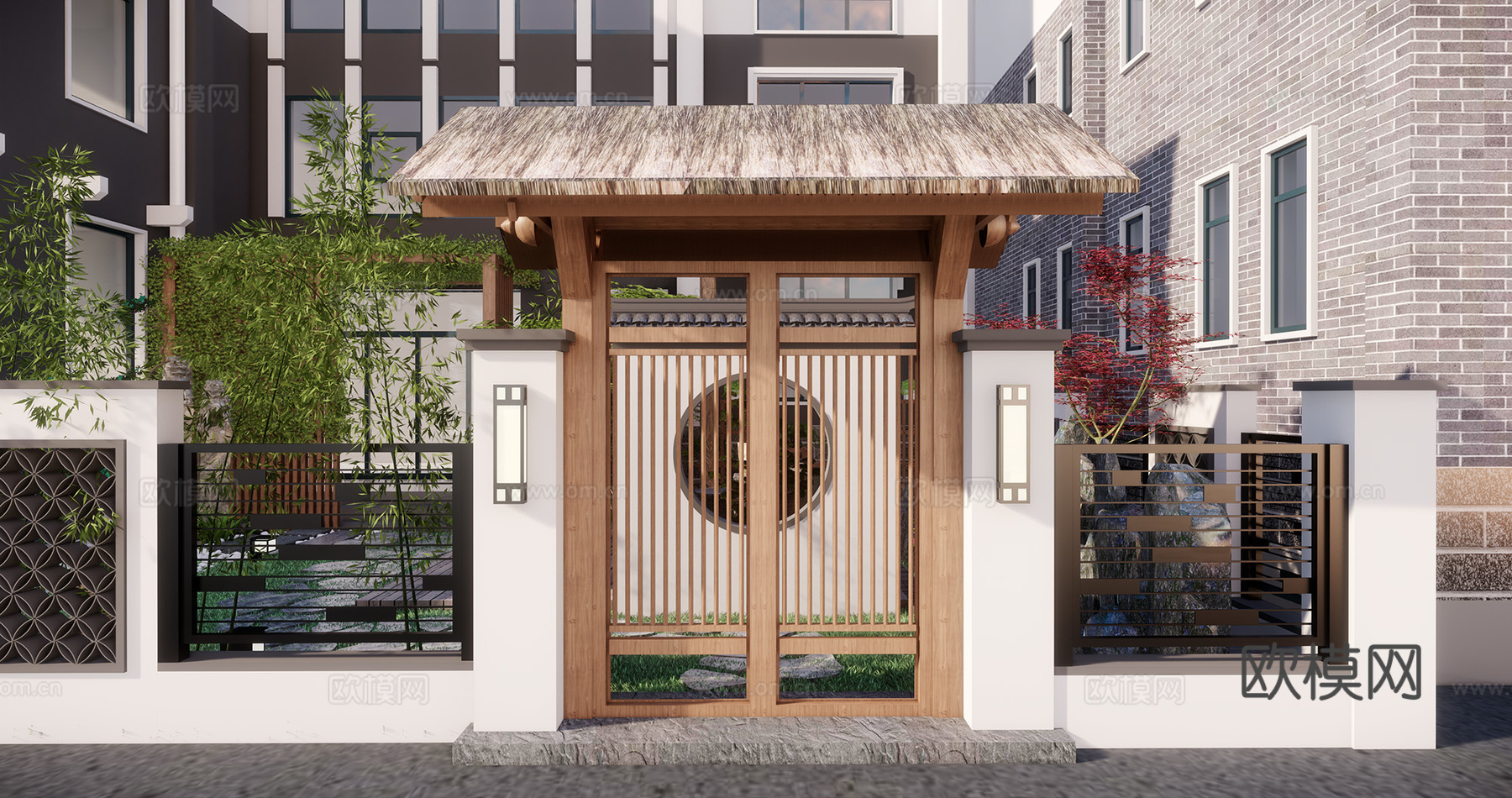 新中式庭院花园su模型下载